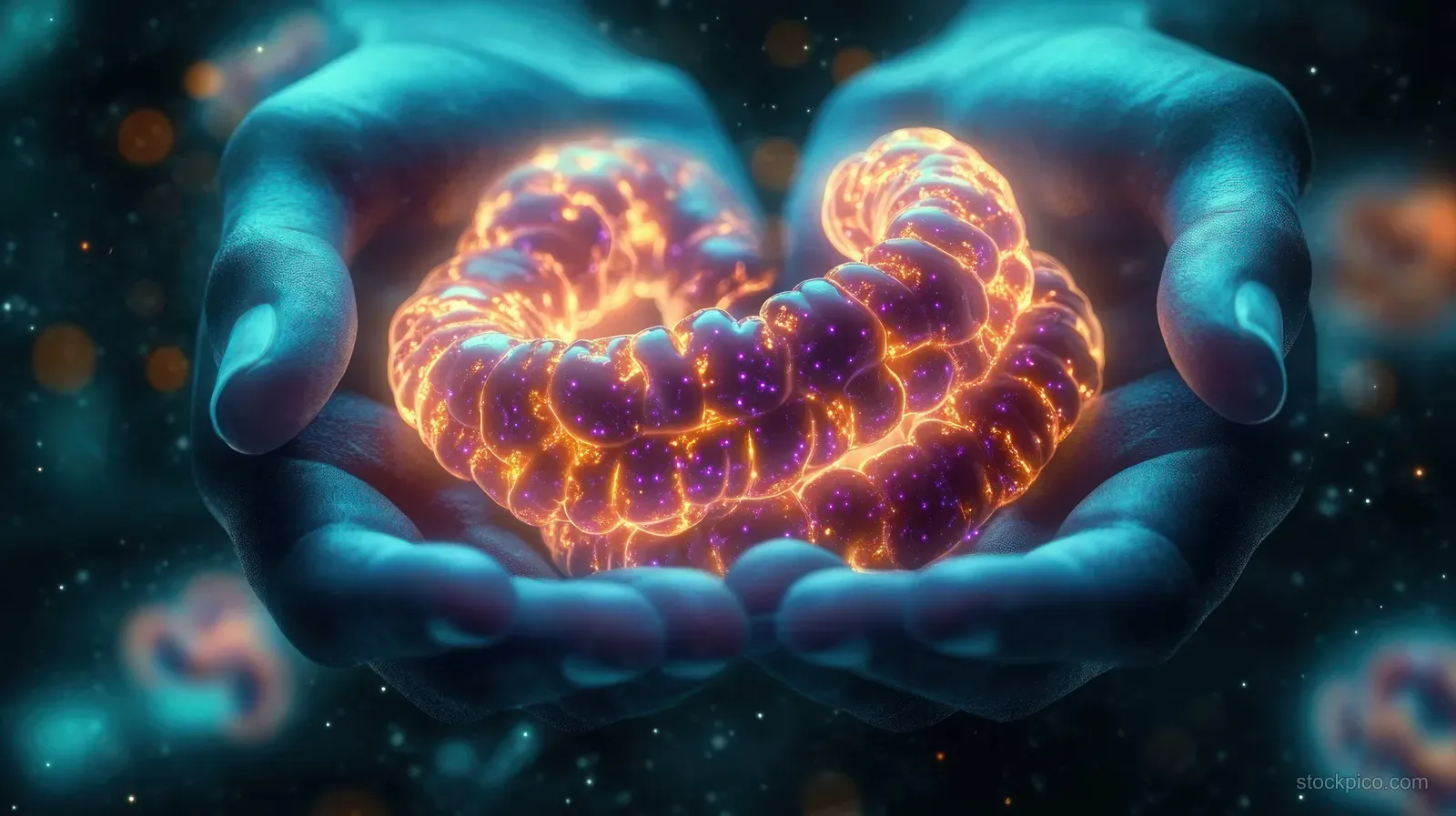 Glowing bioluminescent intestine shape held in cupped hands over a dark sparkling background.