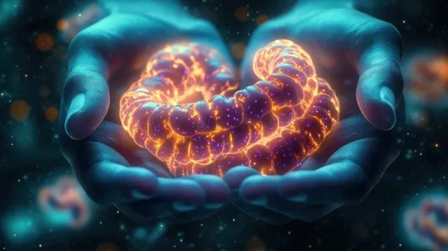 Glowing bioluminescent intestine shape held in cupped hands over a dark sparkling background.