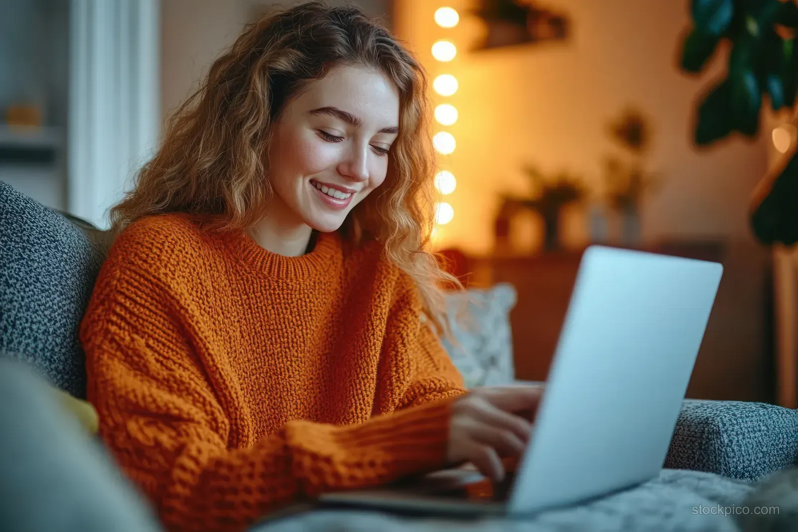 Young woman in an orange sweater takes notes on a laptop while attending a warm-lit online webinar at home.