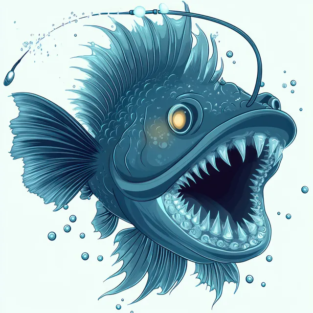 Deep-sea anglerfish with glowing lure and sharp teeth swimming near bubbles in dark underwater water.