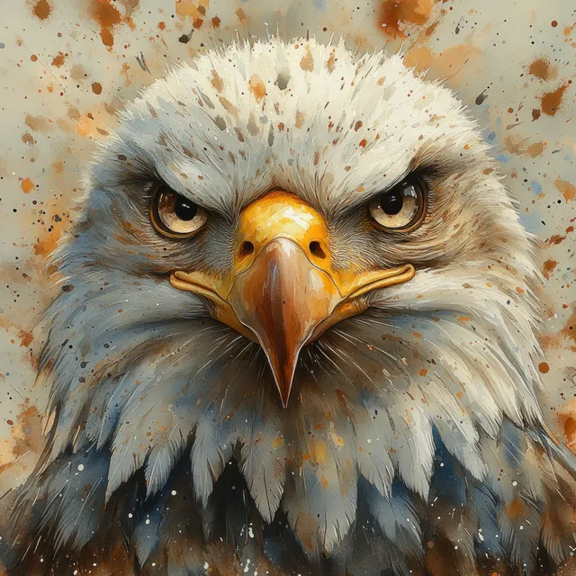 Eagle head watercolor portrait with intense gaze and feather texture in warm splashed background