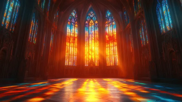 Stained-glass rays glow through cathedral arches, illuminating the central aisle and stone floor.
