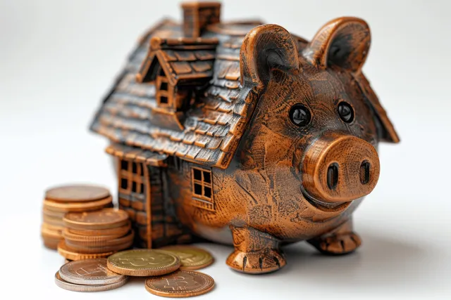 Piggy bank with house roof, surrounded by coins on a clean light background