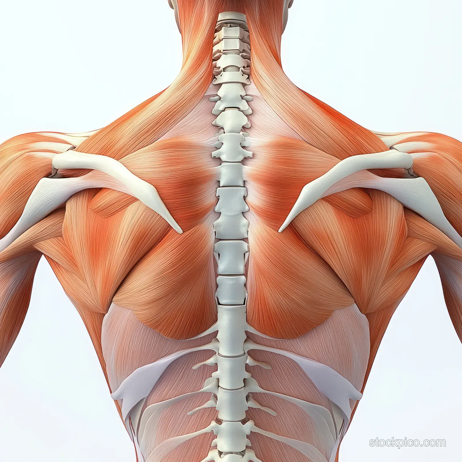 Illustrated upper back showing trapezius and rhomboid muscles with the spine centered.