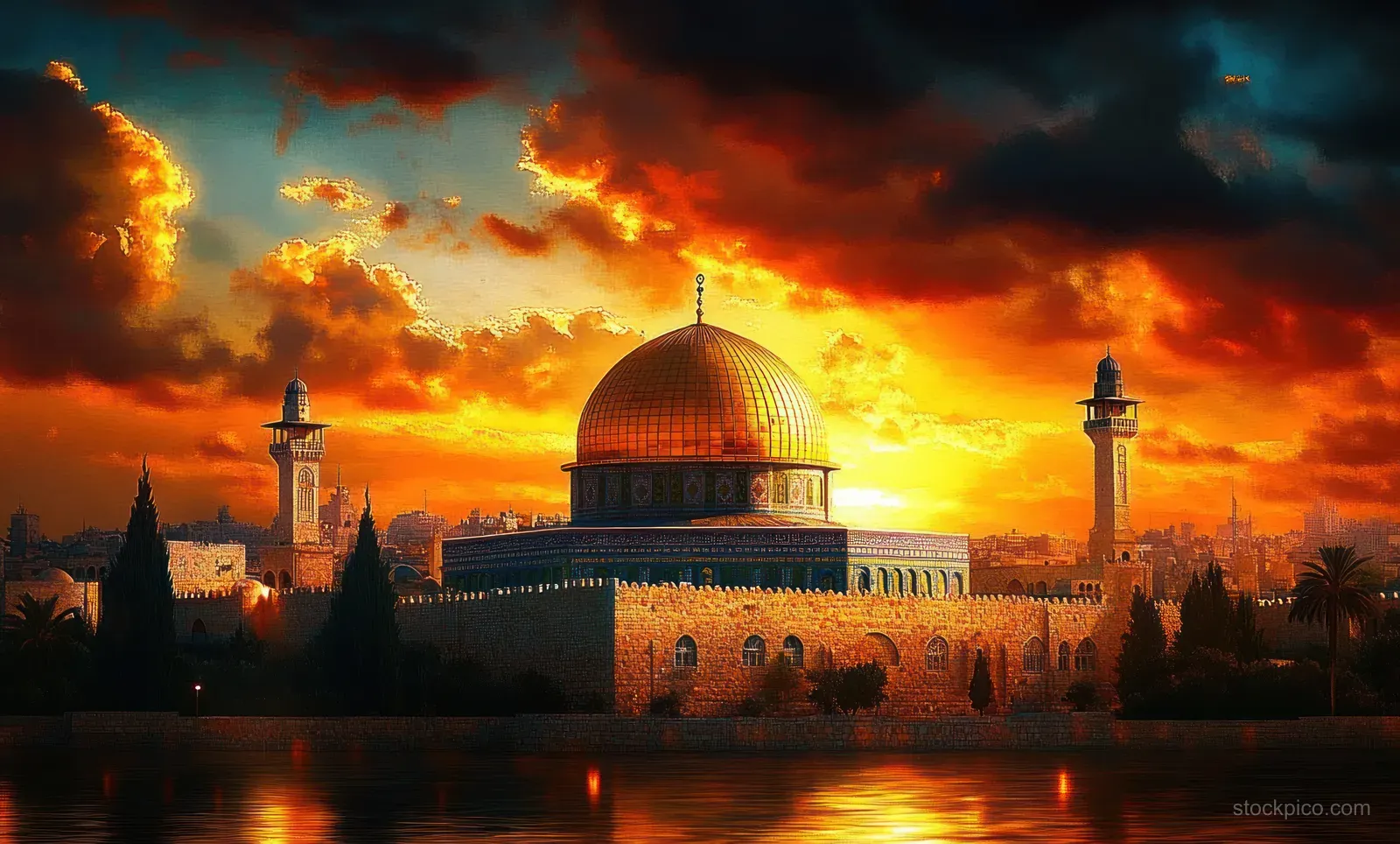 Golden-domed mosque with two minarets at sunset, reflected in calm water beneath orange and yellow clouds.