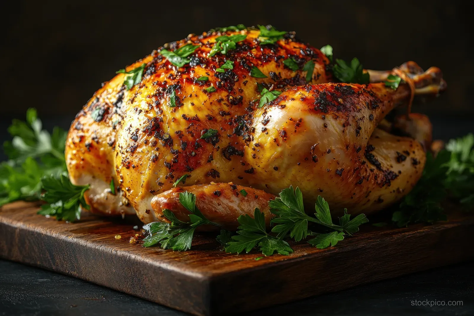 A whole roasted chicken with golden skin sits on a wooden cutting board with fresh parsley.