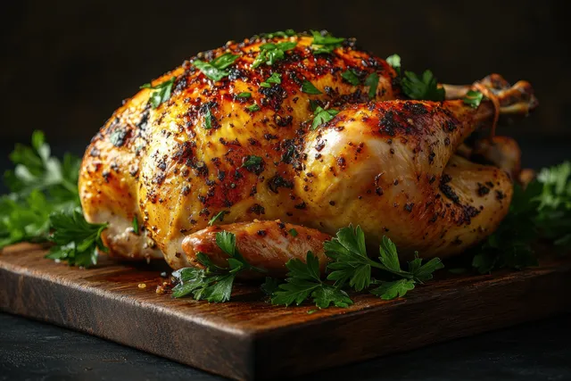 Golden Roasted Chicken on Rustic Cutting Board with Parsley with Comfort Food