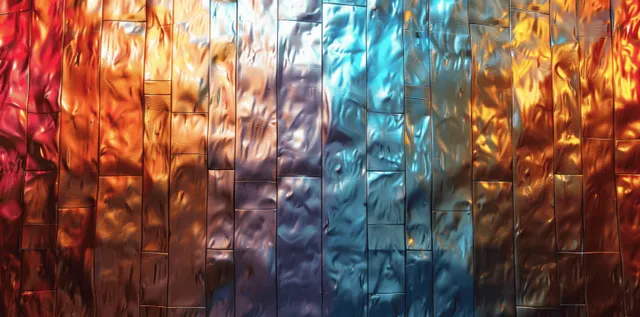 Seamless silver holographic foil background with vertical glass-like ridges creating prismatic rainbow refractions.