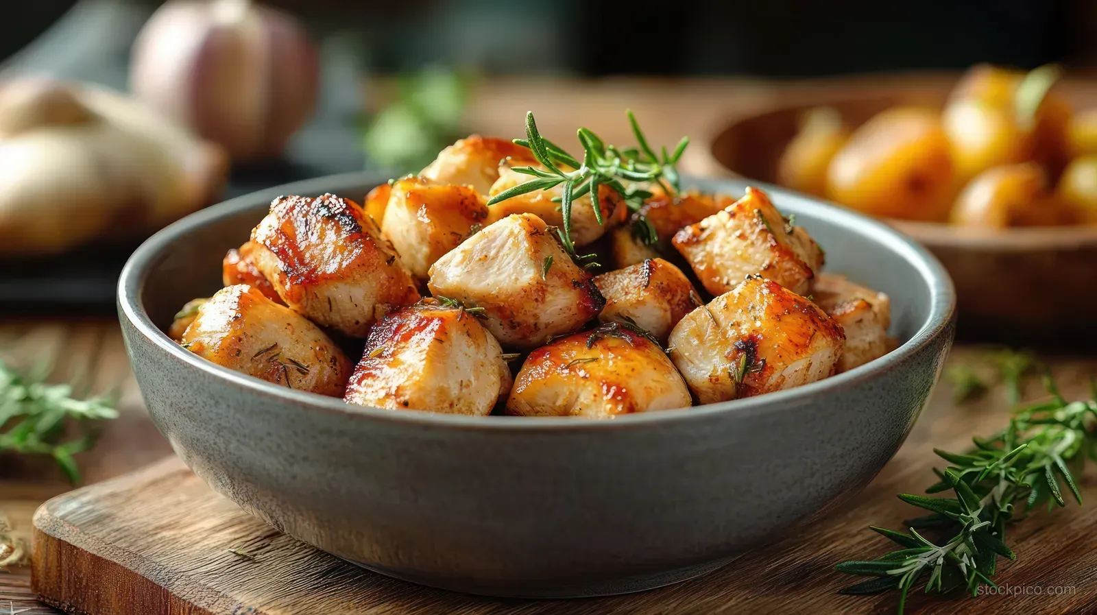 A bowl of golden-brown grilled chicken cubes topped with fresh rosemary on a wooden board.