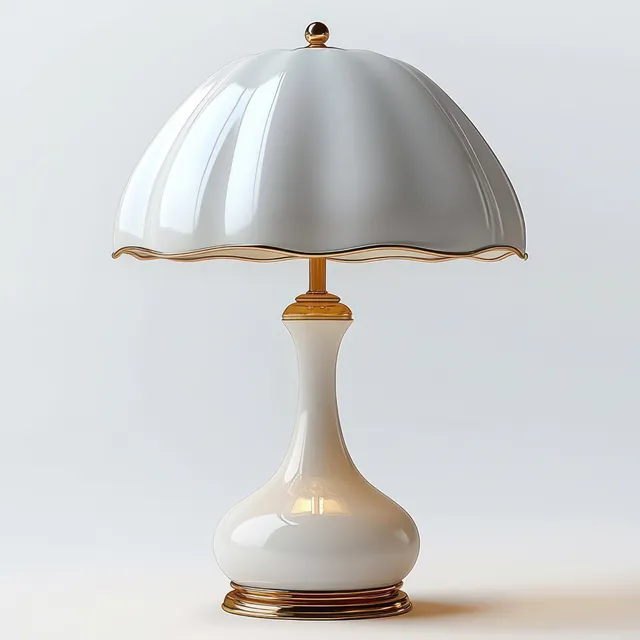 A white table lamp with a scalloped dome shade and gold trim sits against a light minimalist background.