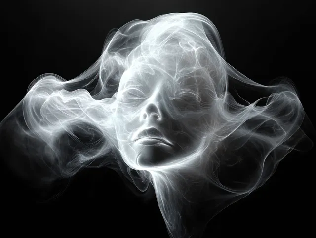 Monochrome smoke swirls into symmetrical waves around a faint glowing center on a dark background.