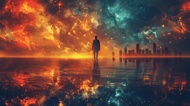 A silhouetted figure gazes over a vibrant, futuristic city skyline illuminated by dynamic lights at dusk, reflecting on calm water.