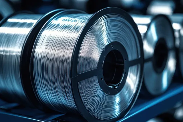 Close-up of reflective metal wire spools stacked on a blue factory shelf