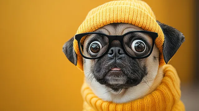 Close-up of a pug wearing a yellow knit hat, matching sweater, and oversized black glasses against a yellow background.
