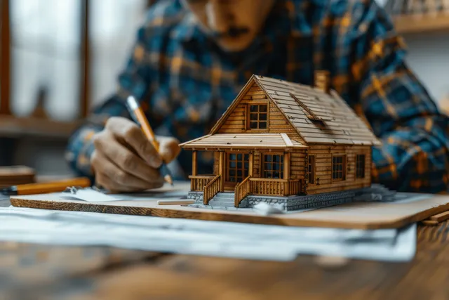 A real estate agent signs a mortgage contract next to a small house model on a desk in an office.