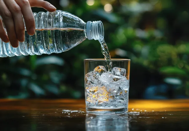 A hand pours clear water from a plastic bottle into an ice-filled glass on a wooden table outdoors.