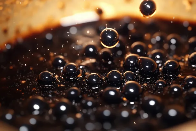 Dark liquid droplets bounce and splash across a wet surface while glossy bubbles form and reflect light.