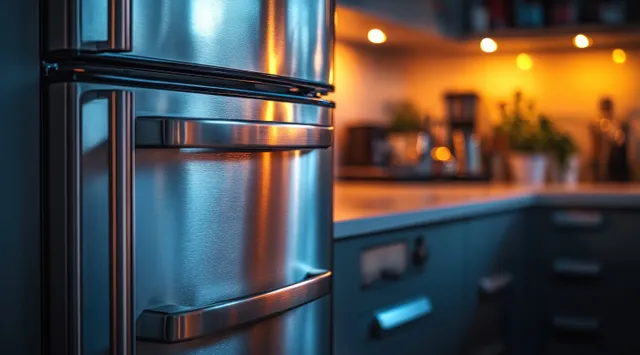 Stainless steel refrigerator door with oval magnet mockup beside blurred kitchen counter lights