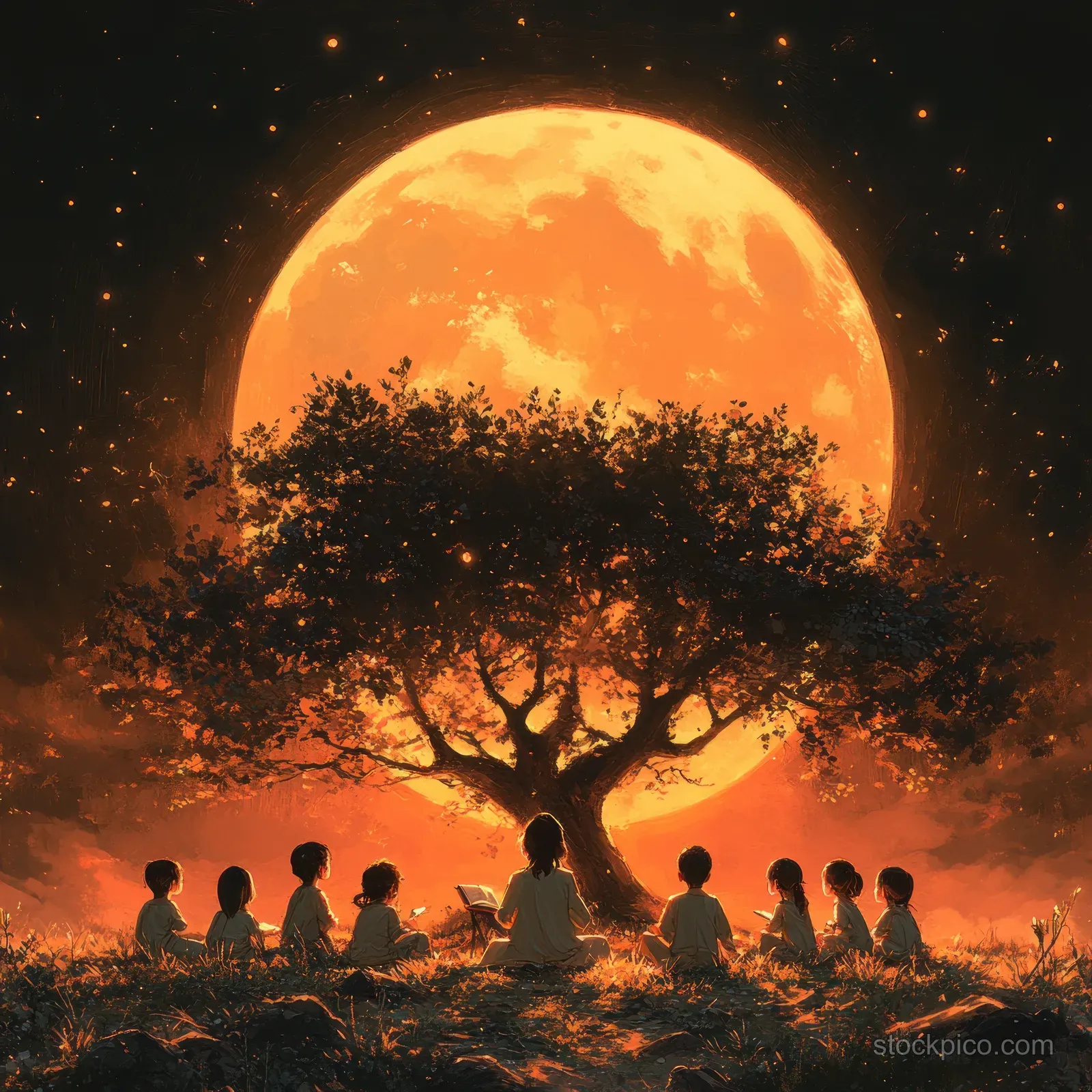 A musician tells stories to children sitting around a tree under a glowing orange full moon.