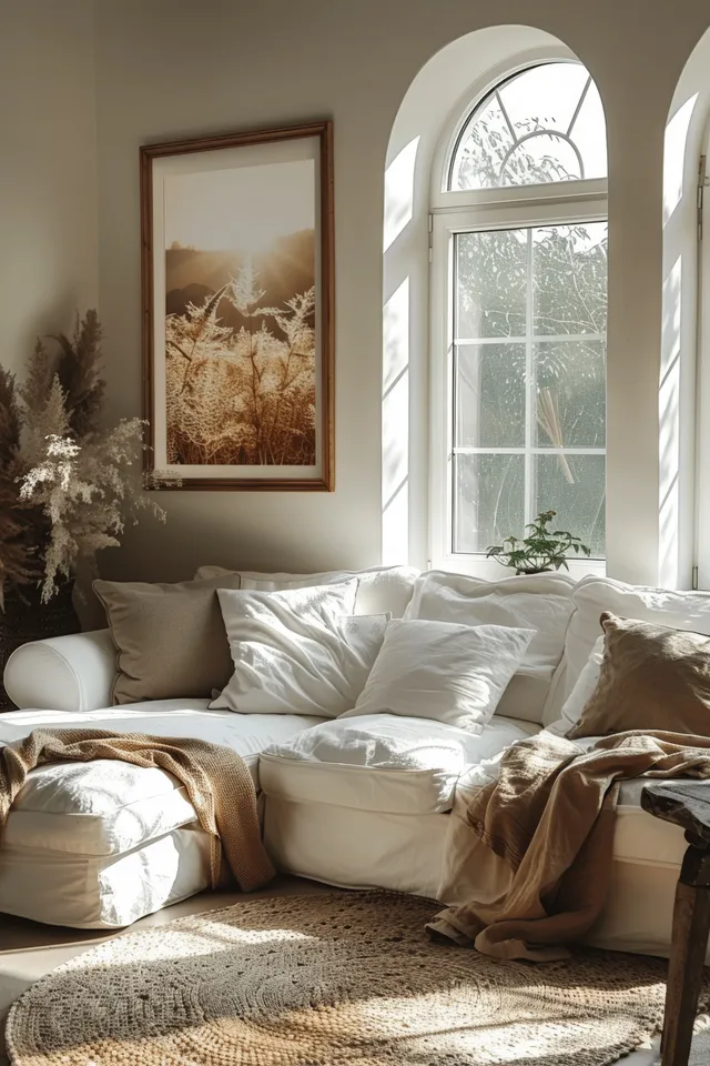 Beige fabric sofa with pillows sits beneath framed wall art as arched windows fill the room with sunlight.