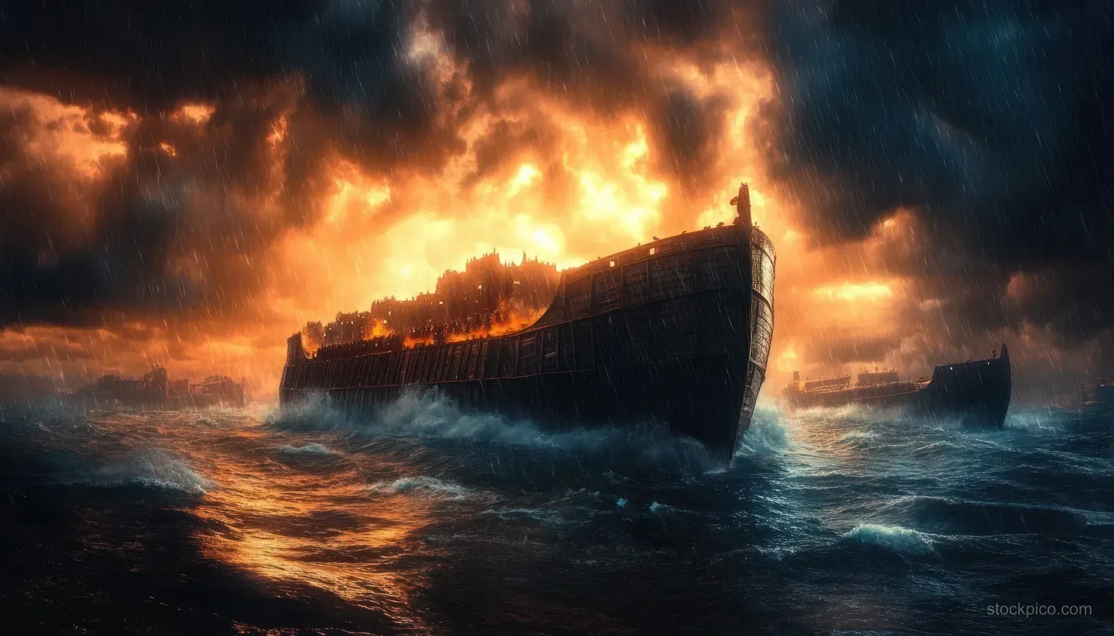 A wooden ship struggles through stormy ocean waves beneath dark clouds and an orange fiery sky.
