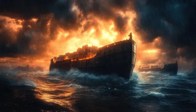 A wooden ship struggles through stormy ocean waves beneath dark clouds and an orange fiery sky.
