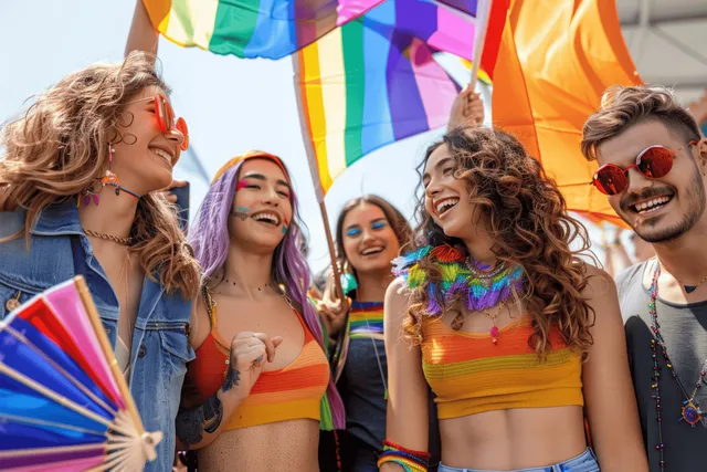 LGBTQ friends waving rainbow flags and colorful fans at outdoor Pride parade