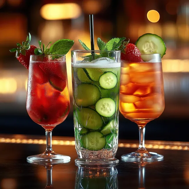 Three cocktail glasses with mint, cucumber slices, and strawberries sit on a reflective wooden bar with warm background lights.