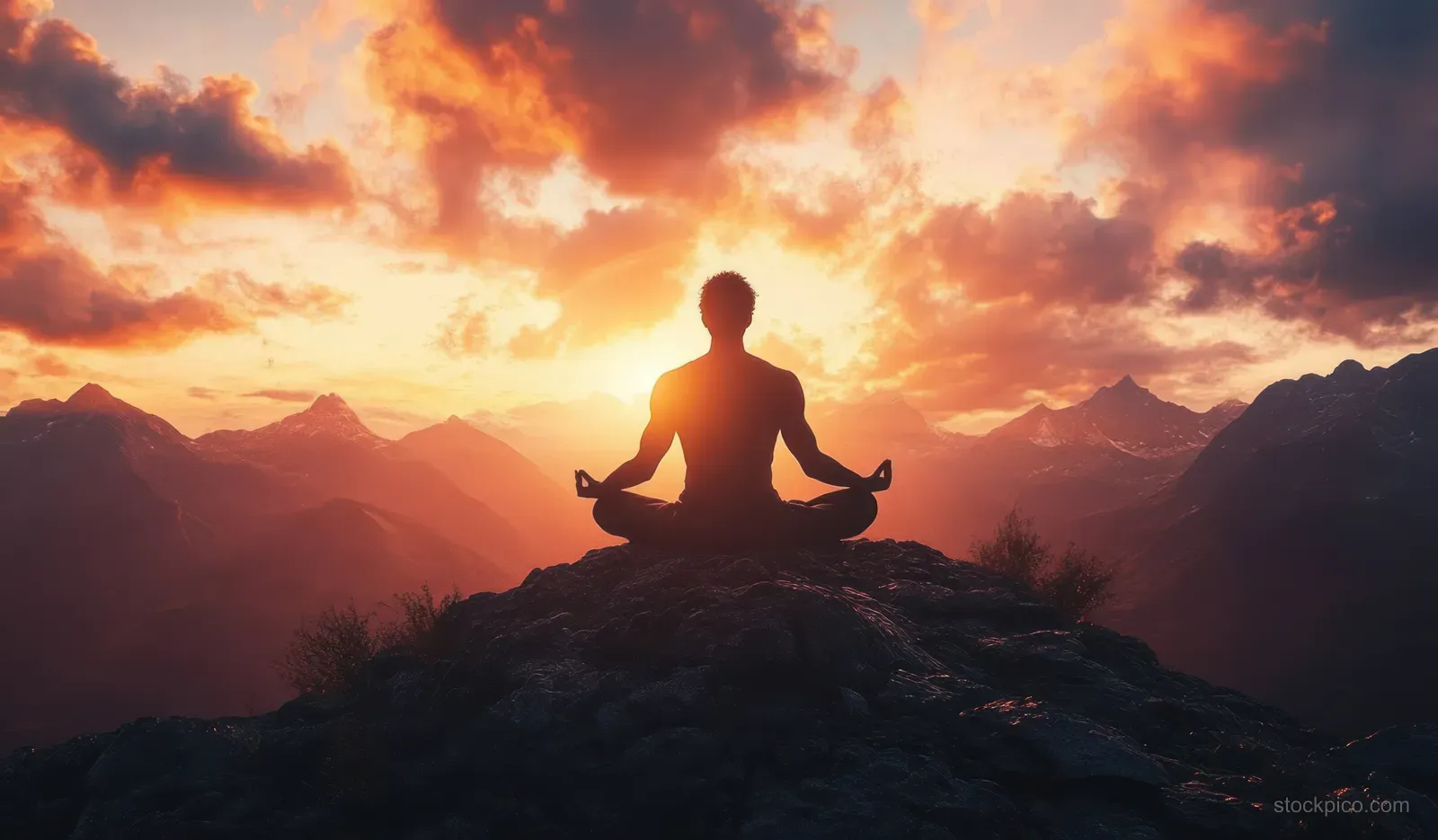 A silhouetted person meditates on a rocky mountain peak during an orange sunrise with dramatic clouds and distant ranges.