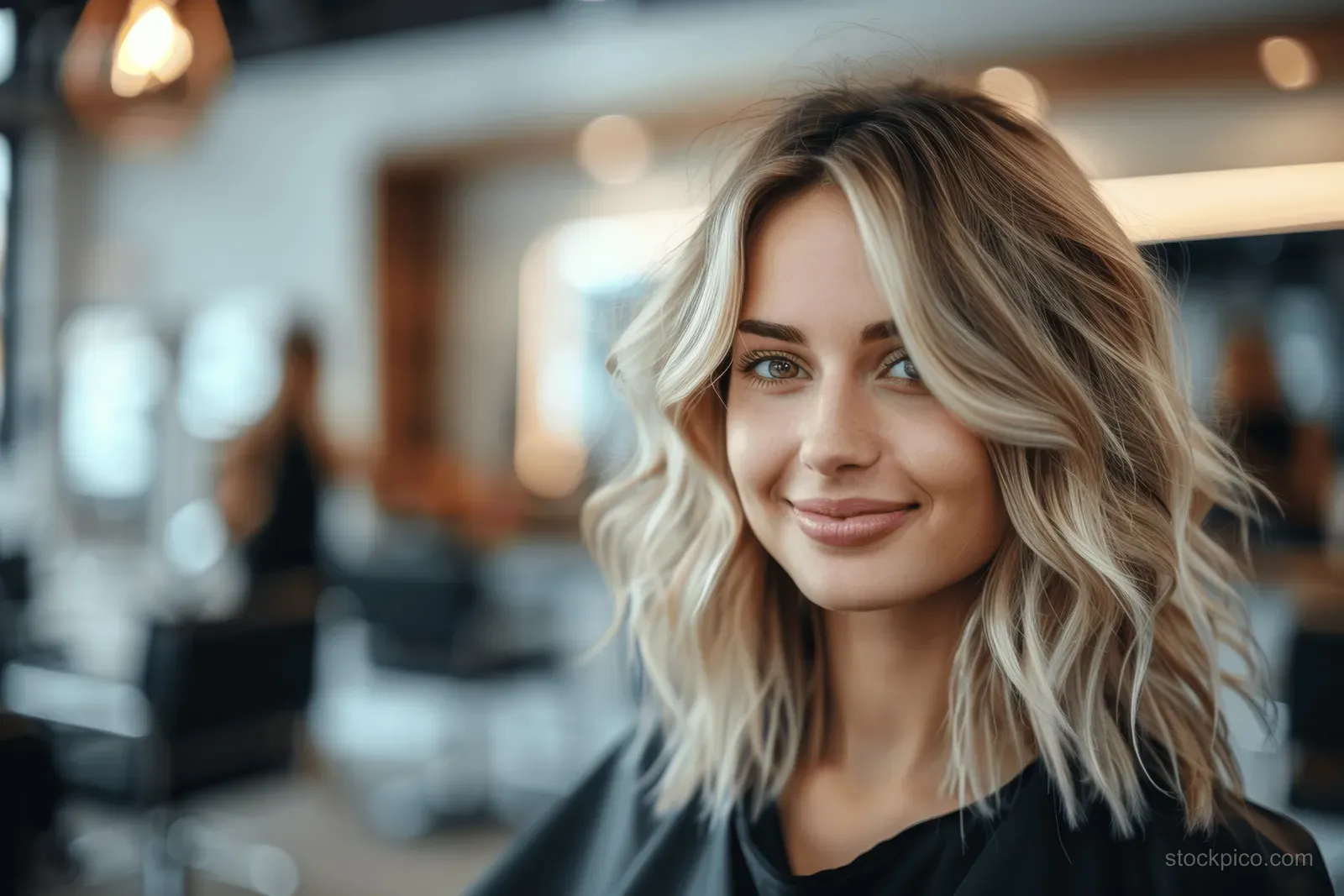 Blonde woman with wavy hair smiles in a salon chair.