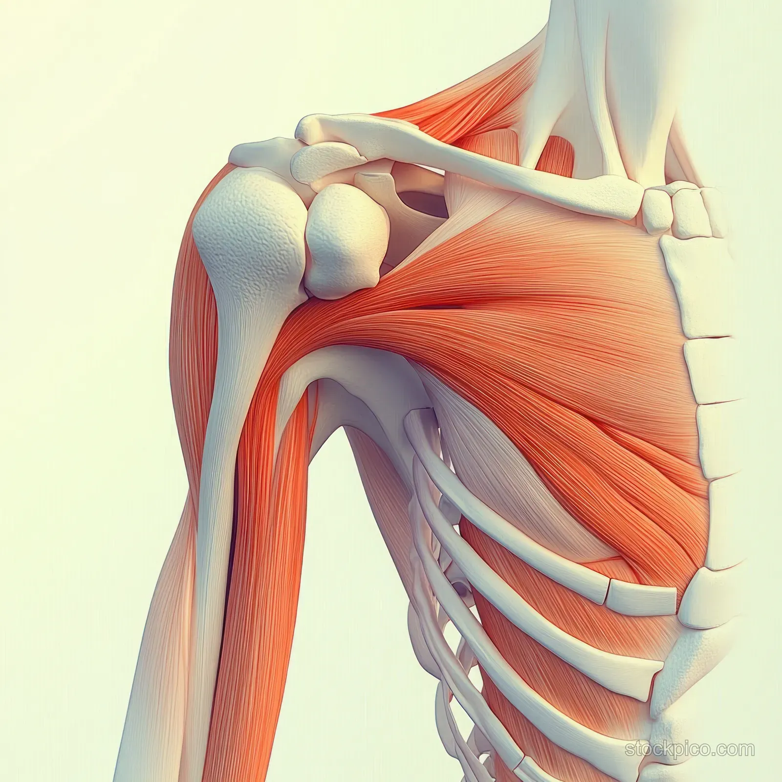 Anatomical shoulder diagram showing deltoid muscle bands and humerus bones with tendons and ligaments.