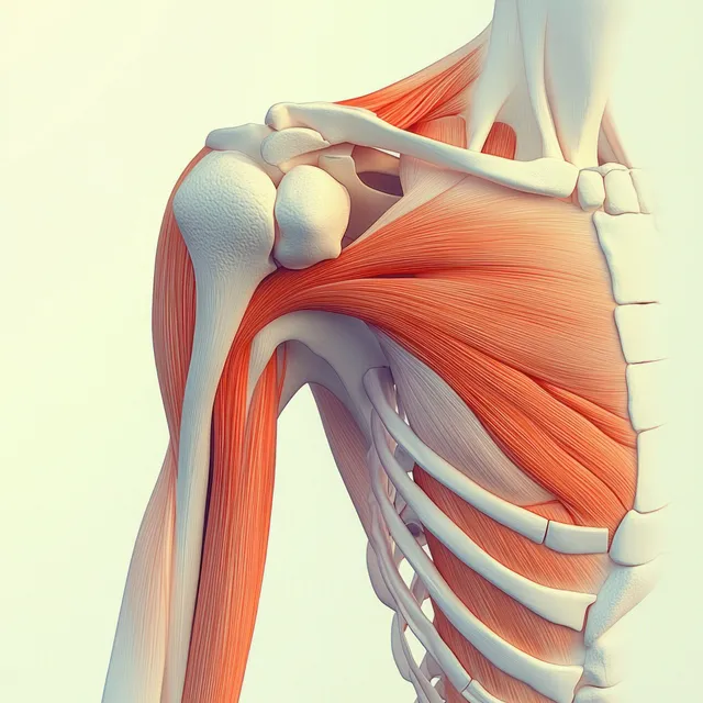 Shoulder anatomy illustration showing deltoid muscles and humerus bones in dramatic lighting
