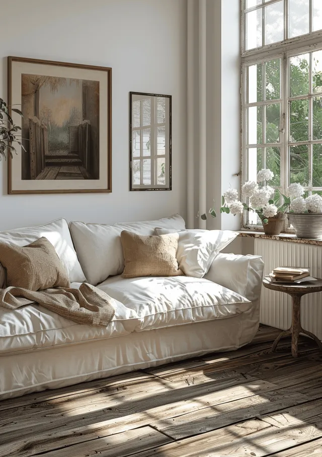 Boho living room scene with white sofa and linen throw in sunlit window light