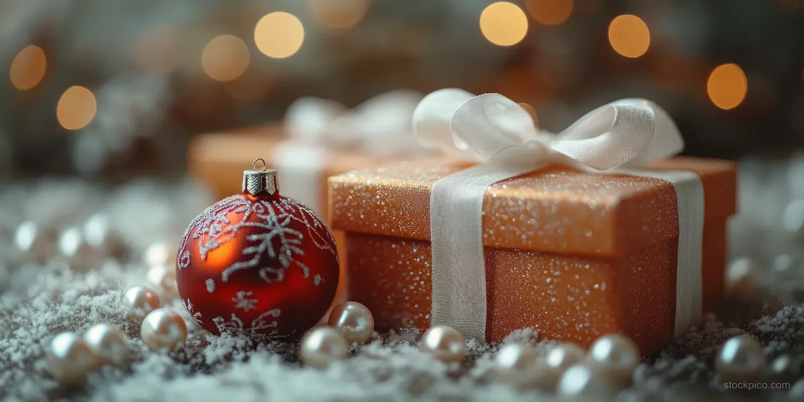 Ribbon-tied gift box and red Christmas ornament lying on glittering beads with warm bokeh lights behind them.