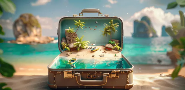 Open Suitcase on a Tropical Beach Dream Vacation Banner