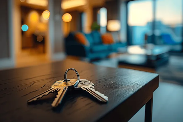House keys on a table with a softly blurred modern living room interior in the background.