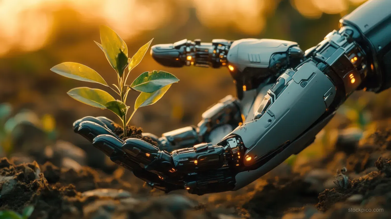 A robot hand carefully holds a young plant sprout in golden soil with softly glowing fingertips.