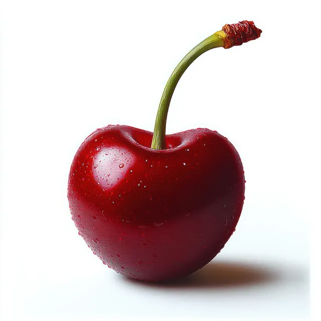 Single ripe red cherry with water droplets and long green stem on white background with Clean Table Less Setup