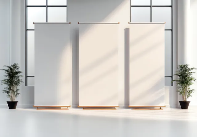 Três banners retráteis brancos em branco exibidos em suportes em um salão iluminado com grandes janelas.
