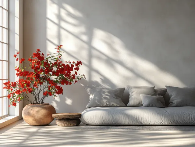 Minimalist living room with a gray sofa, red flower pot on a side surface, and sunlight shadows through a window.