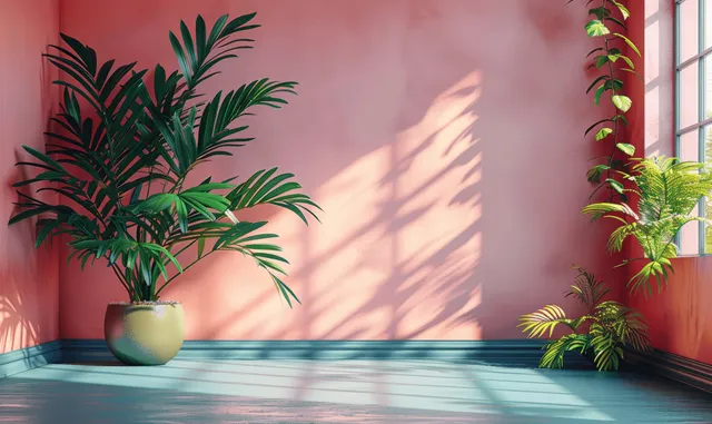 Sunlit pink room with plant silhouettes and soft floor shadows for product display