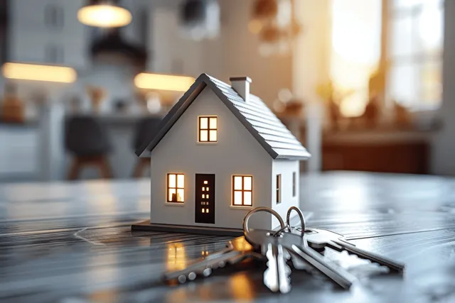 A small house model and keys rest on a kitchen table with warm sunlight and a blurred interior background.