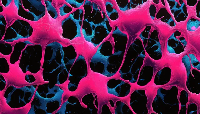 Interconnected pink cell-like structures with blue fiber links cluster densely on a black background.