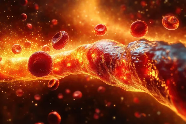 Red blood cells stream through a glowing artery, surrounded by floating particle sparks in a microscopic view.