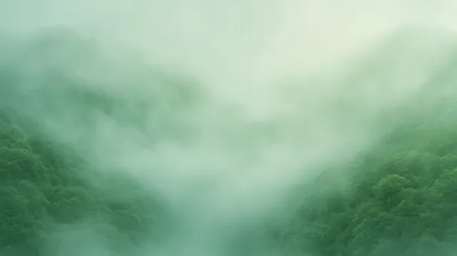 Dense fog rolling through lush green forested hills under soft diffused light