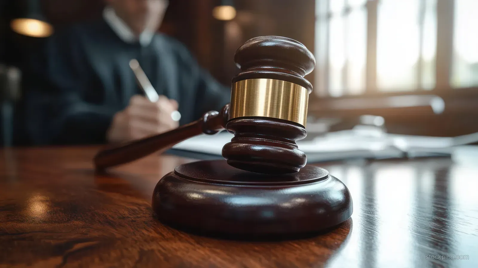 Wooden judge’s gavel rests on a polished table while blurred papers and a writing person appear behind it.