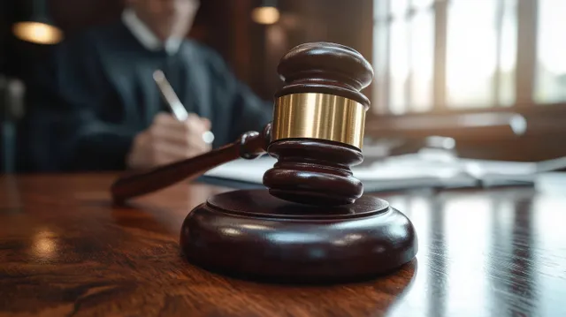 Wooden judge’s gavel on polished table beside legal papers in a courtroom