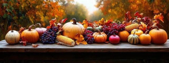 Rustic table arranged with pumpkins, grapes, corn, apples, and fall leaves beside bright autumn trees.
