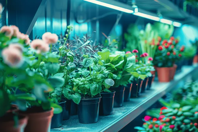 Potted herbs on a plant shelf grow under LED lights, with colorful seedlings blurred in the background.