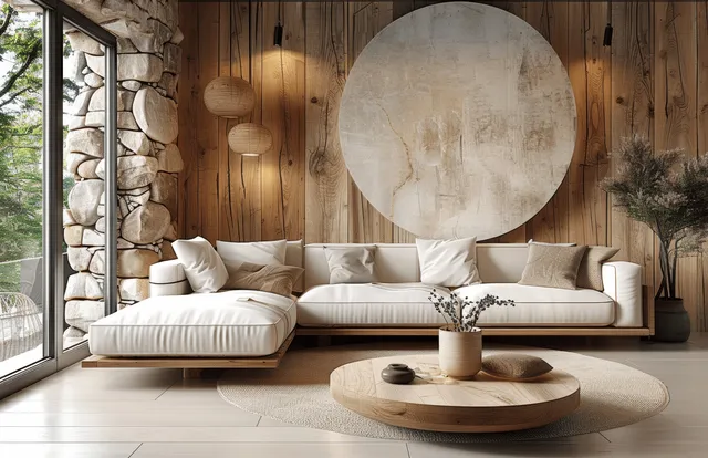 Modern living room with white sofa, round coffee table, stone column, and warm wooden wall paneling.